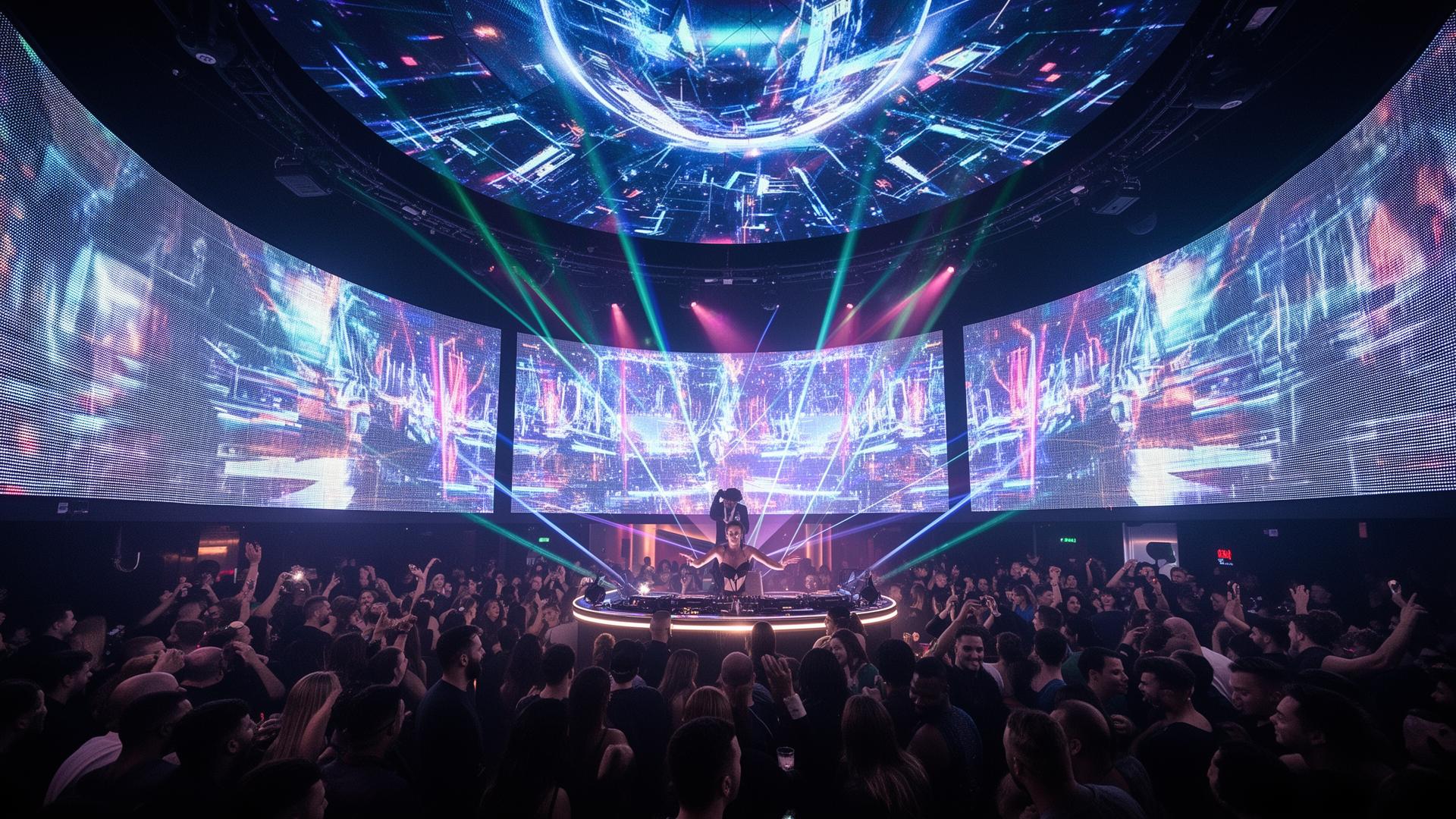 Luxury nightclub with synchronized LED ceiling and walls surrounding the crowd