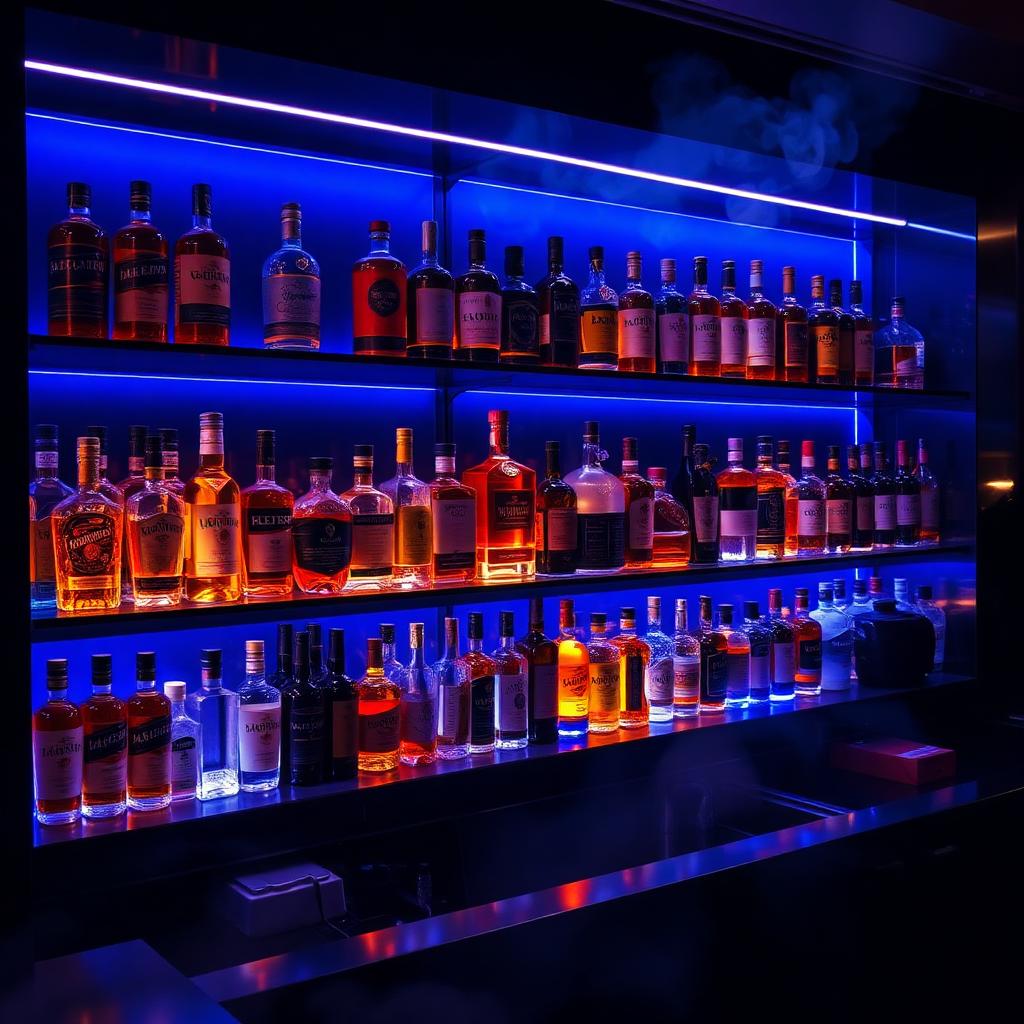 Backlit shelves of premium spirits
