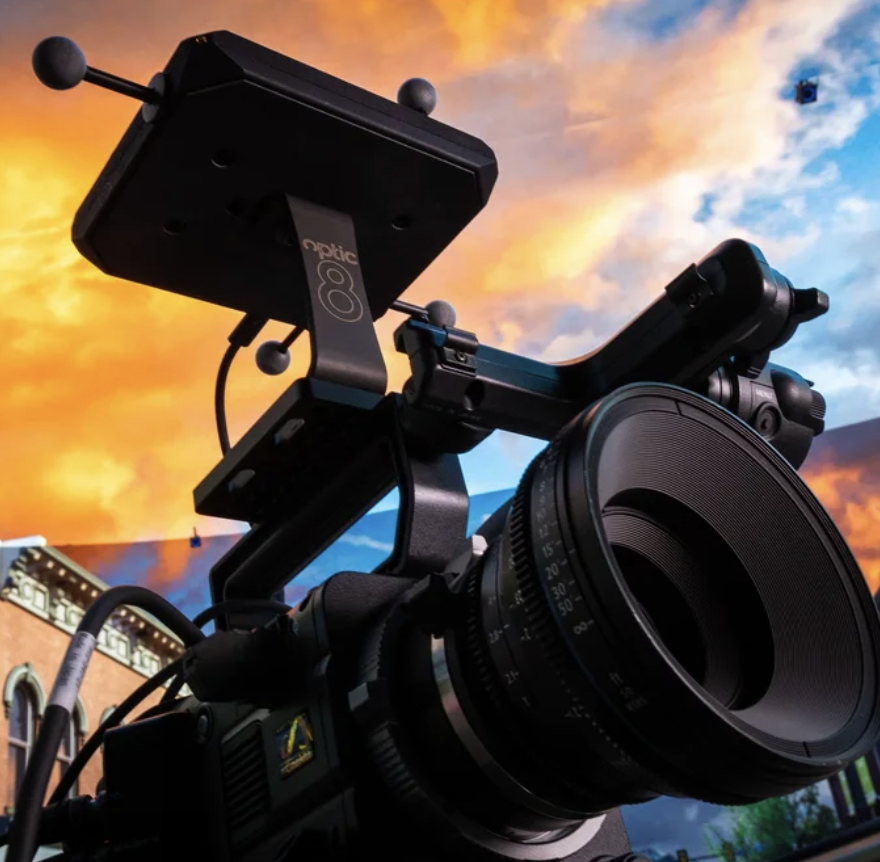 Optic8-branded cinema camera rig shooting against an LED volume