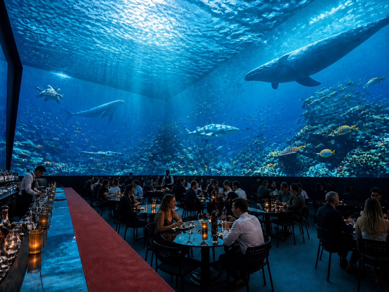 Luxury restaurant walls transformed into a changing ocean environment