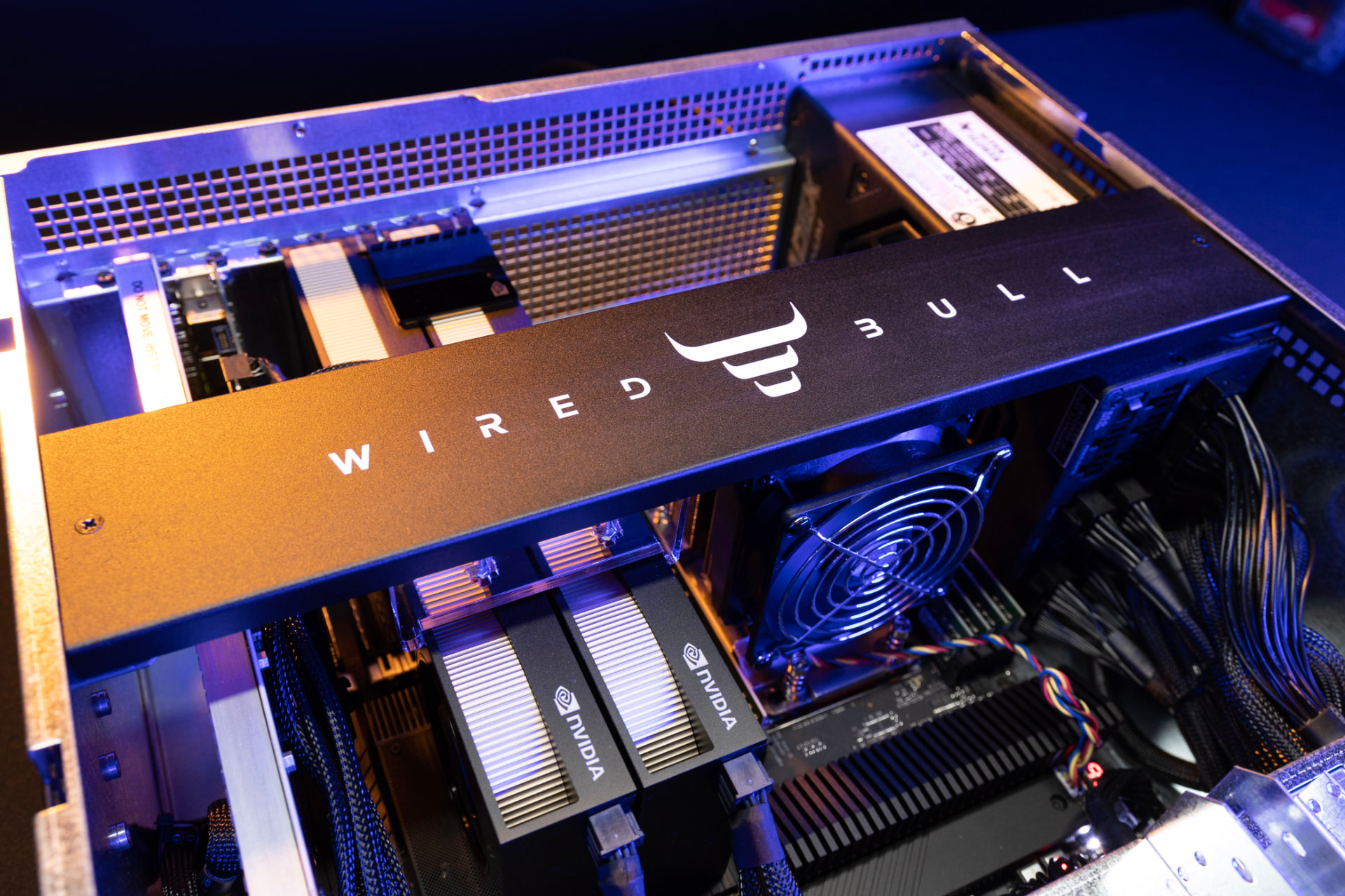 Wired Bull media server interior with dual NVIDIA GPUs