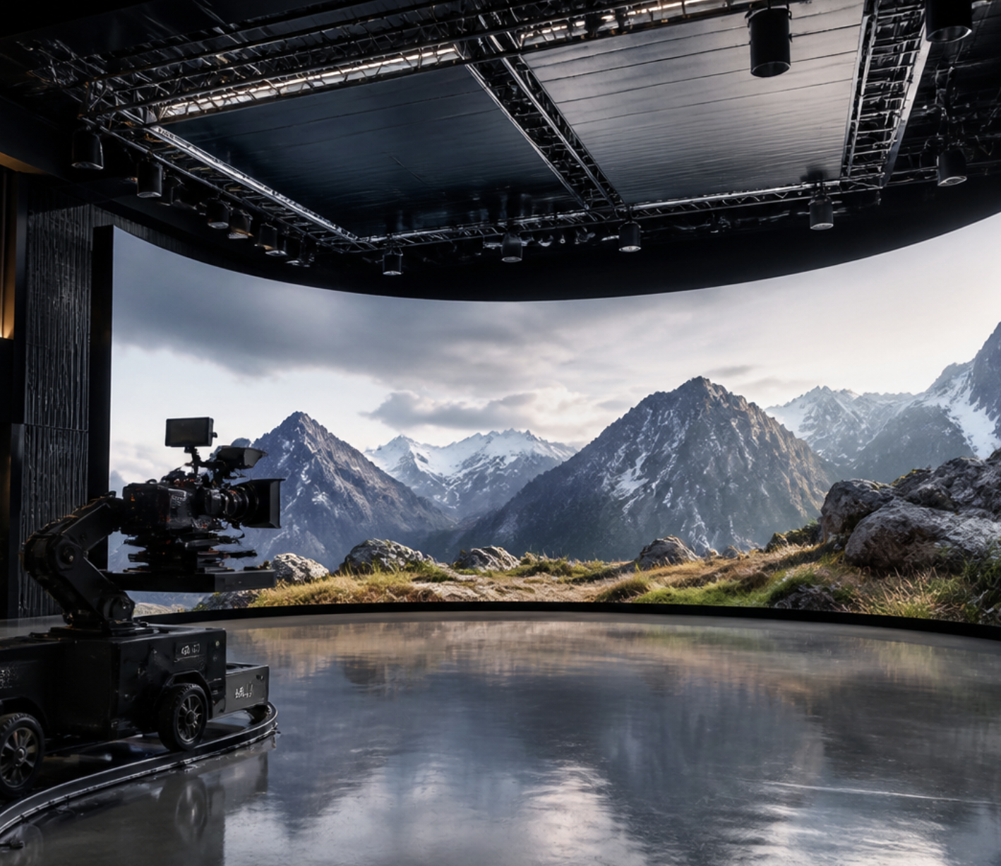 Curved LED virtual production wall on a cinema studio stage