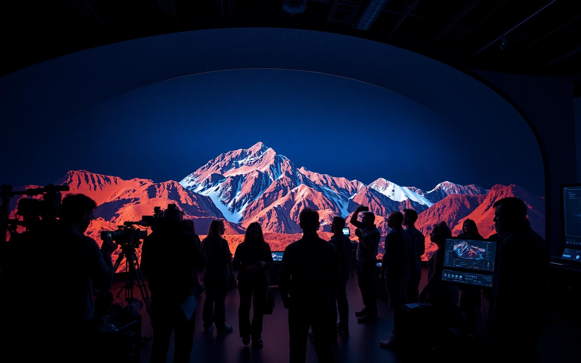 Optic8 team collaborating inside a curved LED volume with a mountain landscape