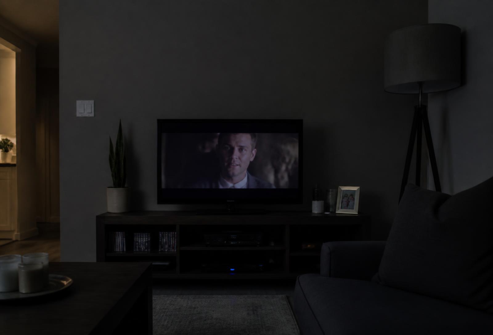 A conventional flat-screen television in a dim living room
