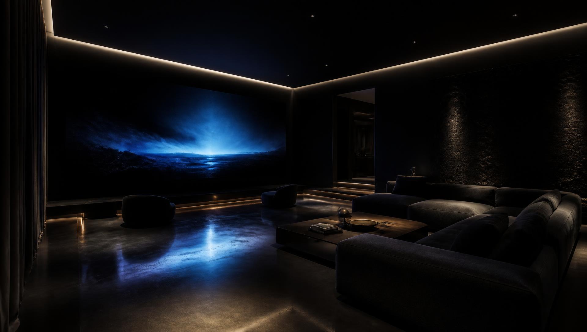 Minimal luxury home theater glowing at night