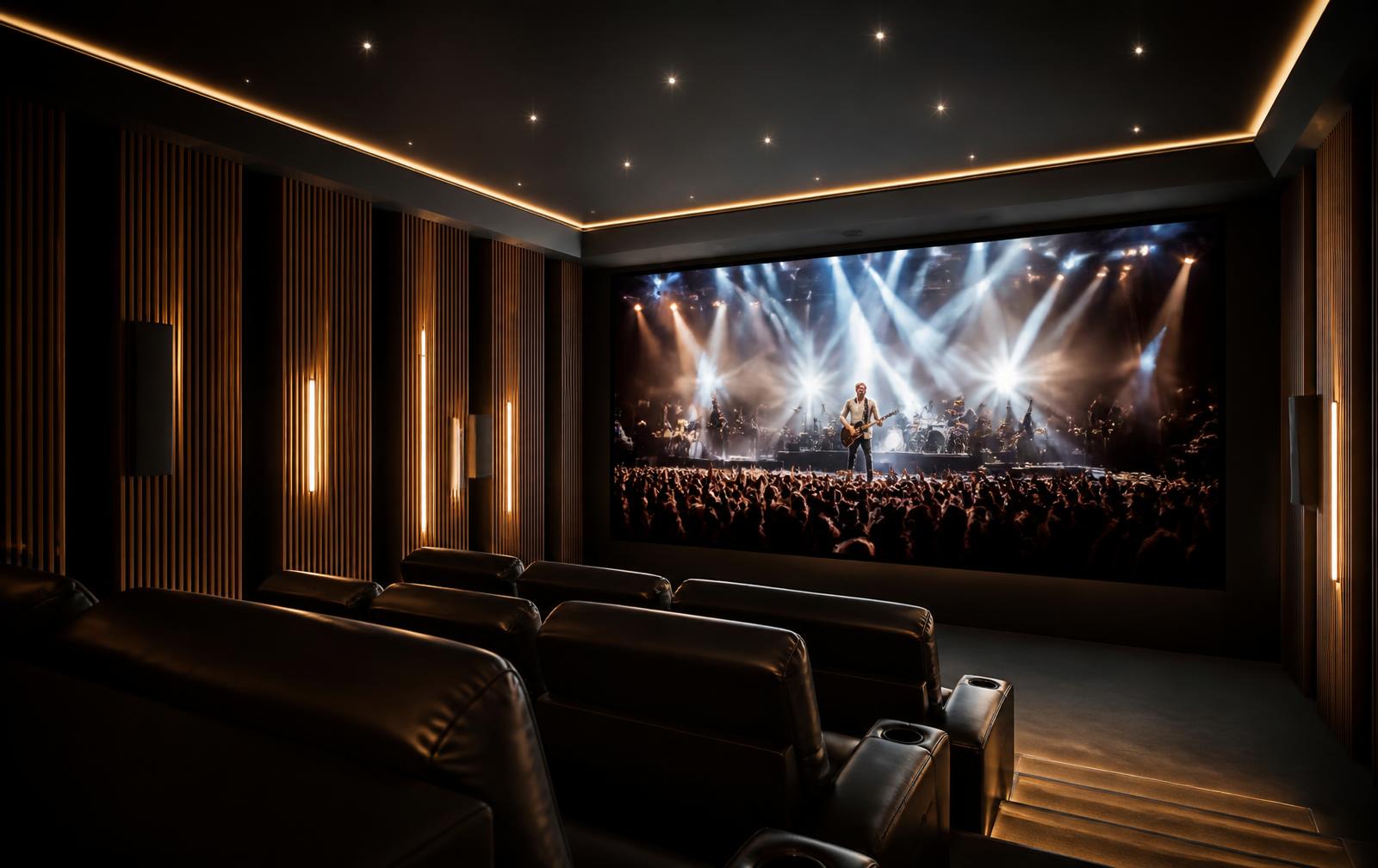 Private theater streaming a live concert on an LED wall