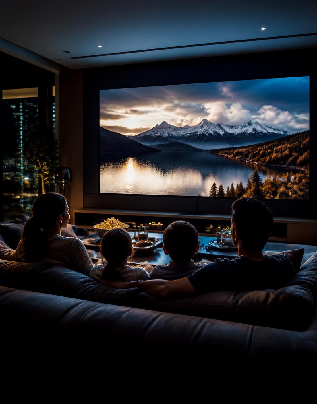 Family watching a film on a giant LED cinema wall