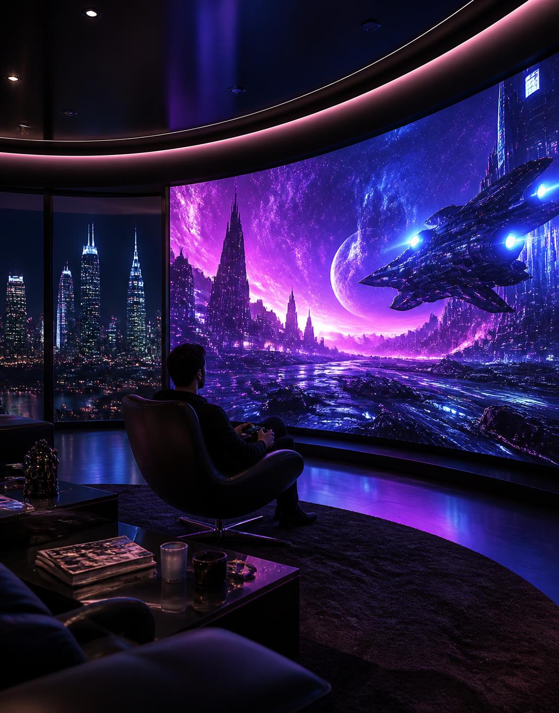 Immersive gaming on a curved LED wall in a penthouse