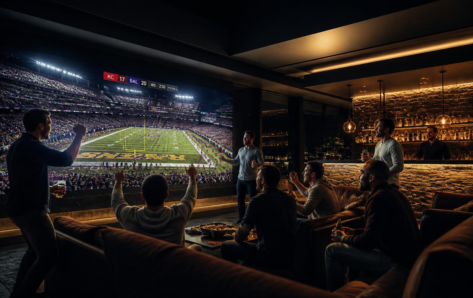 Friends celebrating a football game on a wall-sized LED screen in a luxury lounge