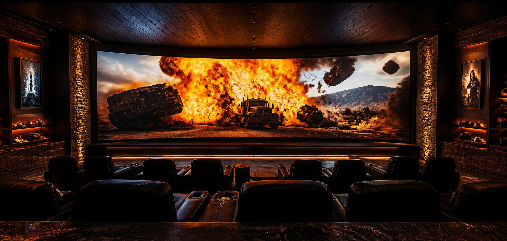 Luxury home theater during an action film on a vast curved LED wall
